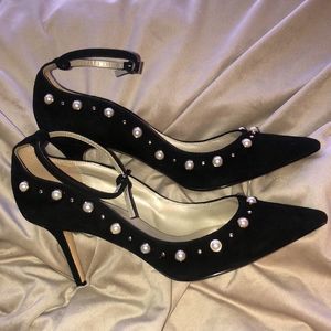 KAREN MILLEN Black Suede Sling Back High Heels With Mabe Pearl Accents Sz 9 NWT